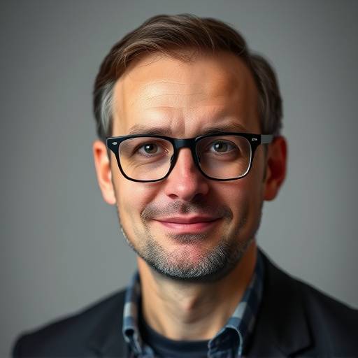 Portrait de Marc Leclerc, Directeur Artistique de Studio Créatif Lumière, portant des lunettes et affichant un sourire créatif