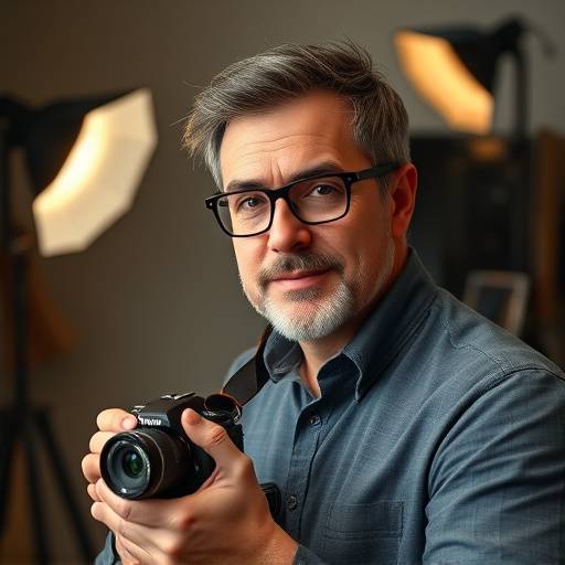 Portrait de Pierre Dupont, Photographe Professionnel chez Studio Créatif Lumière, tenant un appareil photo professionnel