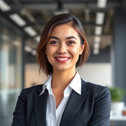 Portrait professionnel d'une jeune entrepreneure lilloise souriant dans un environnement de bureau moderne.
